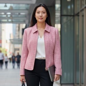 PARISIAN SILK SIGNATURE  CLASSIC PINK MULTI TWEED ZIP FRONT BLAZER JACKET SIZE L